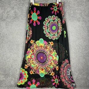 Desigual Skirt Womens Sz 8 A-Line Multicolor Sheer Maxi Lined Side Slit Boho EUC
